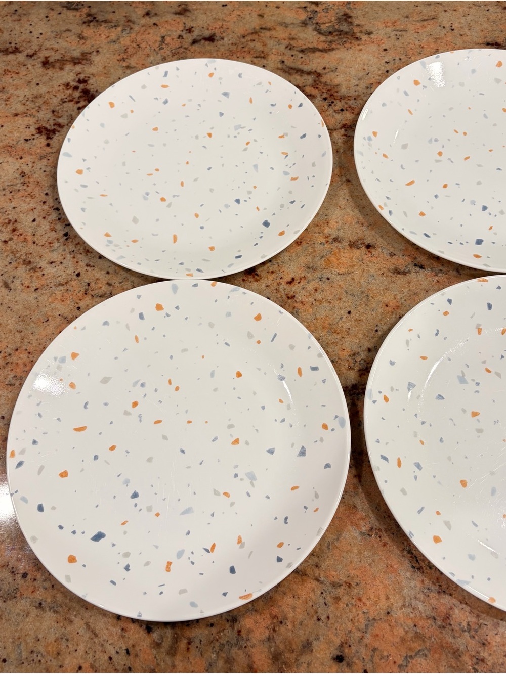 Vtg Corelle Dinner and dessert Plates orange, blue Grey Rosa Terrazzo Speckle